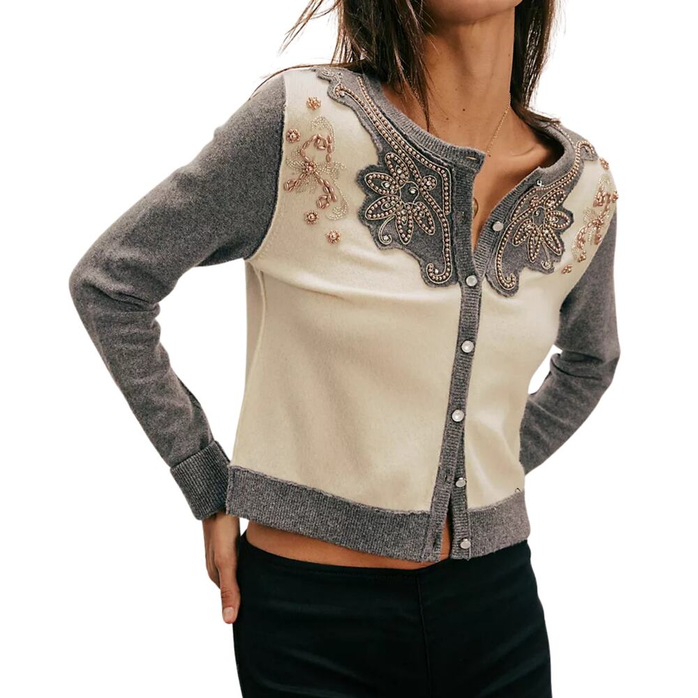 Free People We The Free Loui Embellished Cardi XS Grey Combo Wool Cashmere NWT